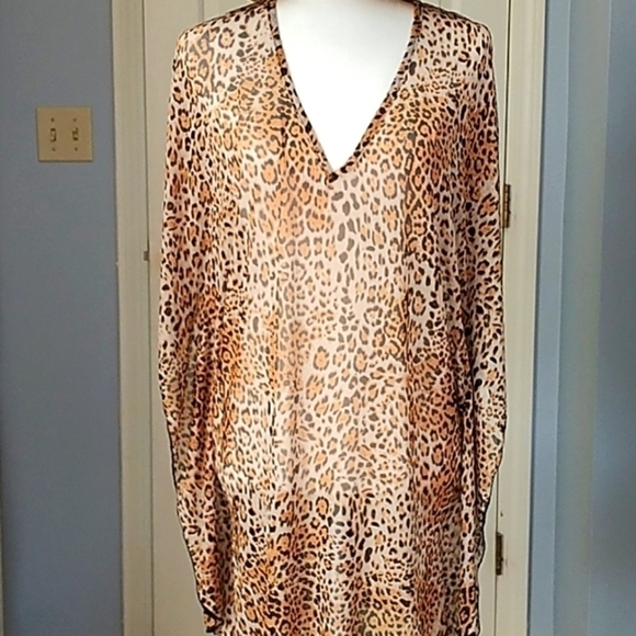 Jordan Taylor Leopard Print Brown & Gold Shear Beach Caftan Coverup M - Picture 2 of 11